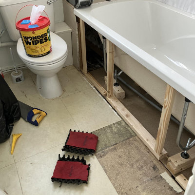One of our plumbing teams installing a new bathroom in a house in Buxton