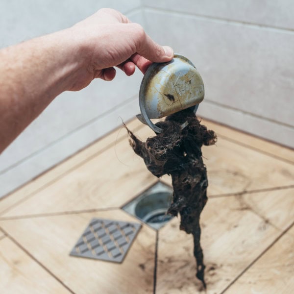 A plumber holding a plug full of hair after a shower unblocking service